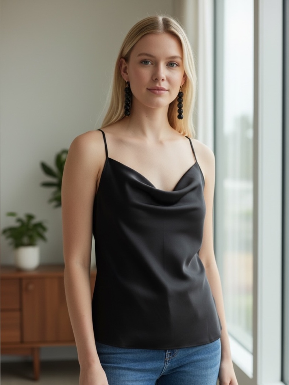 Anthropologie Black Satin Rayon Tank Top with Earrings!